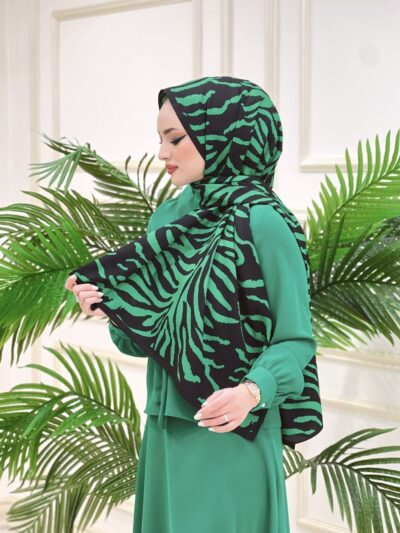 Zebra Desen Medine İpeği Şal Zümrüt