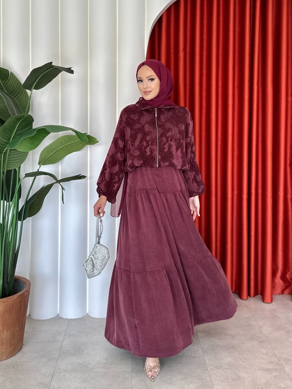 Sinem Elbise Takım Bordo - Görsel 4